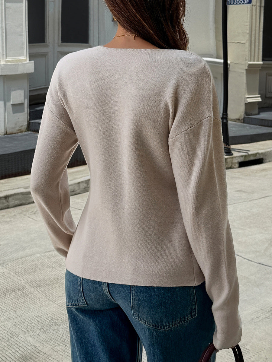 Solid Color Buttoned Loose Long Sleeves V-neck Cardigan Tops