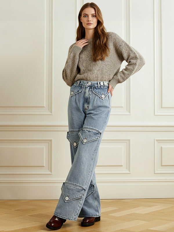 Loose Triangle Buttoned Jean Pants Bottoms