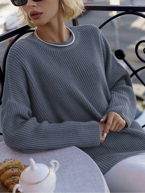 Long Sleeves Loose Solid Color Split-Joint Round-Neck Sweater Tops LIGHT GRAY