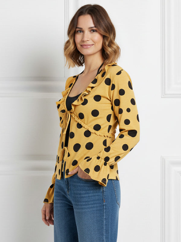 Flared Sleeves Long Sleeves Polka Dot Tied V-Neck Blouses&Shirts Tops