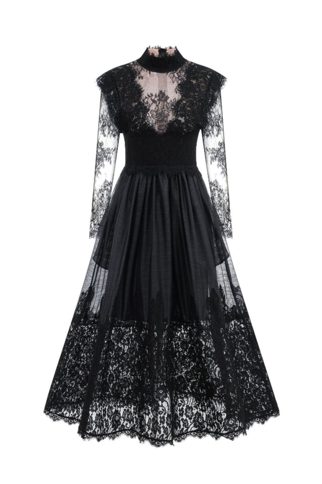 Jamie Black Floral Lace Stitching Dress Black