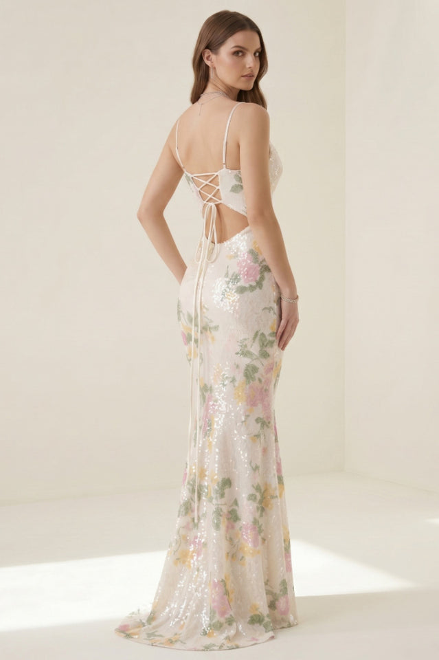 Elora Floral Sequin Lace-Up Mermaid Dress