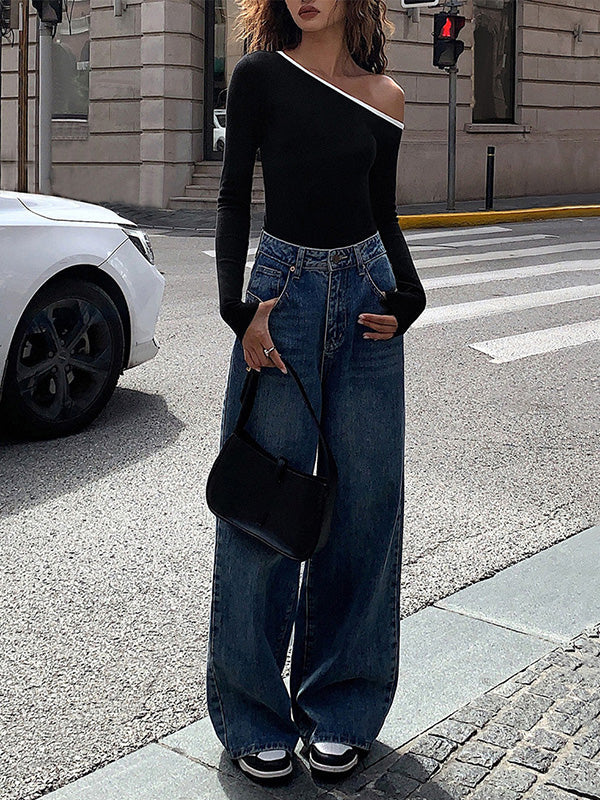 Long Sleeves Skinny Asymmetric One-Shoulder T-Shirts Tops