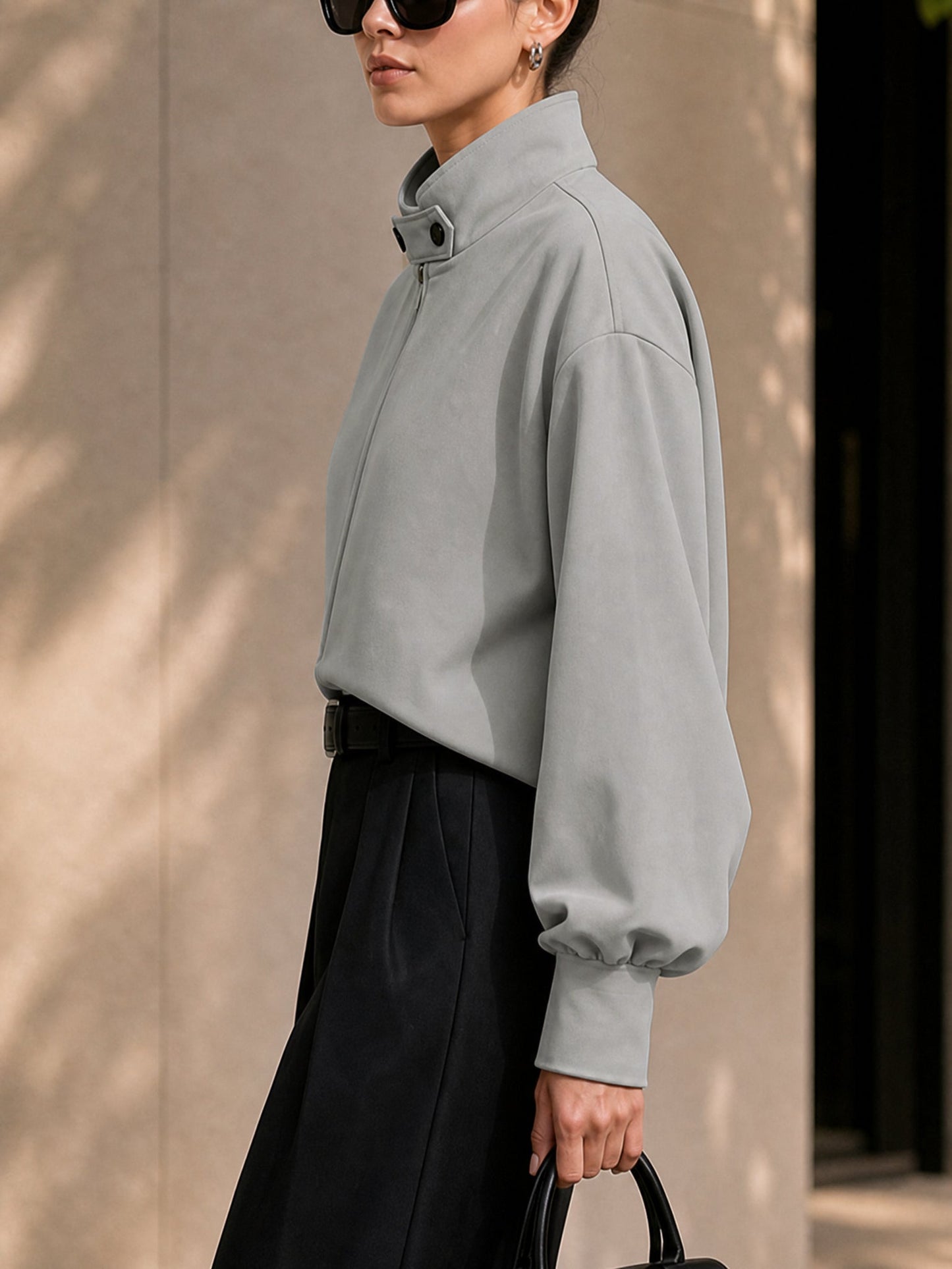 Zipper Solid Color Loose Long Sleeves Stand Collar Outerwear