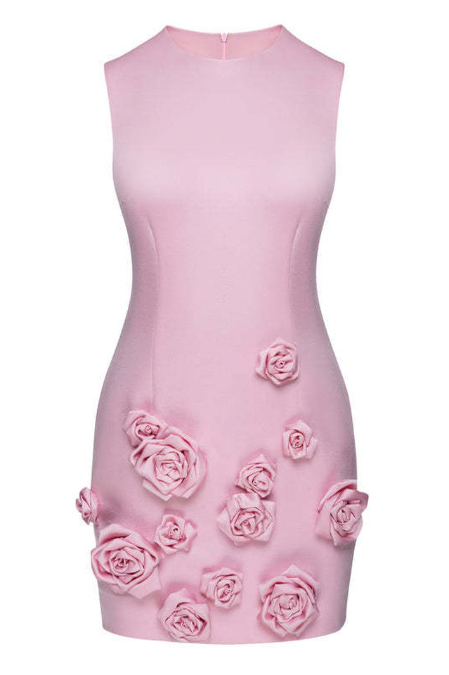 Rose Appliqué Round Neck Cady Dress Pink