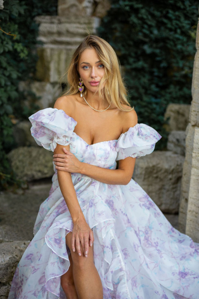 Puff Sleeve Floral Organza Layered Split Dress