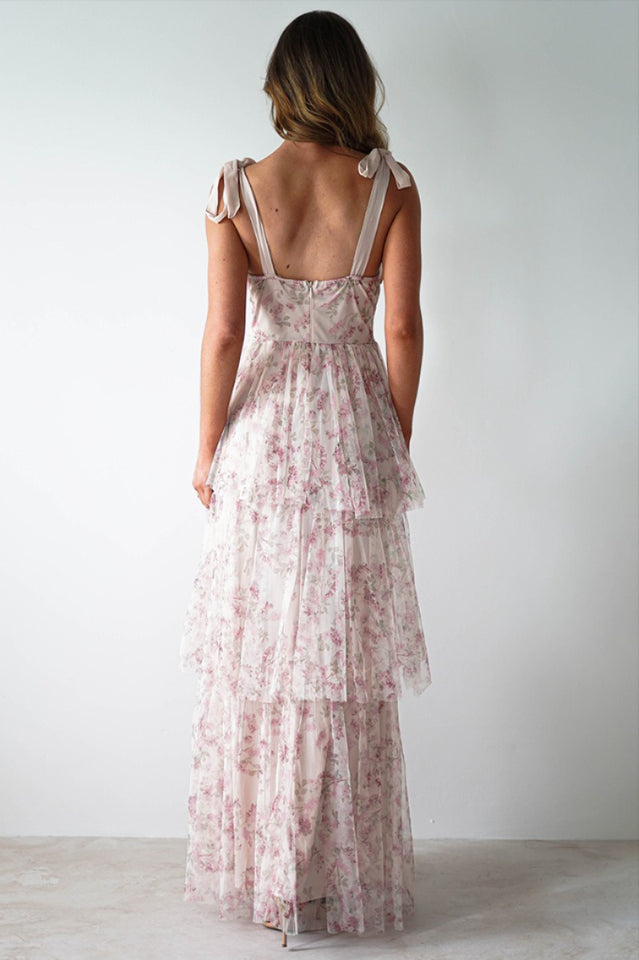 Tie Up Floral Print Tiered Maxi Dress
