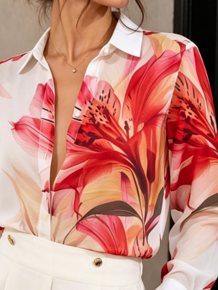Long Sleeves Buttoned Contrast Color Flower Print Lapel Blouses&Shirts Tops