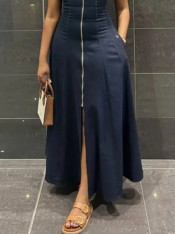 High Waisted Loose Solid Color Split-Front Zipper V-Neck Maxi Dresses