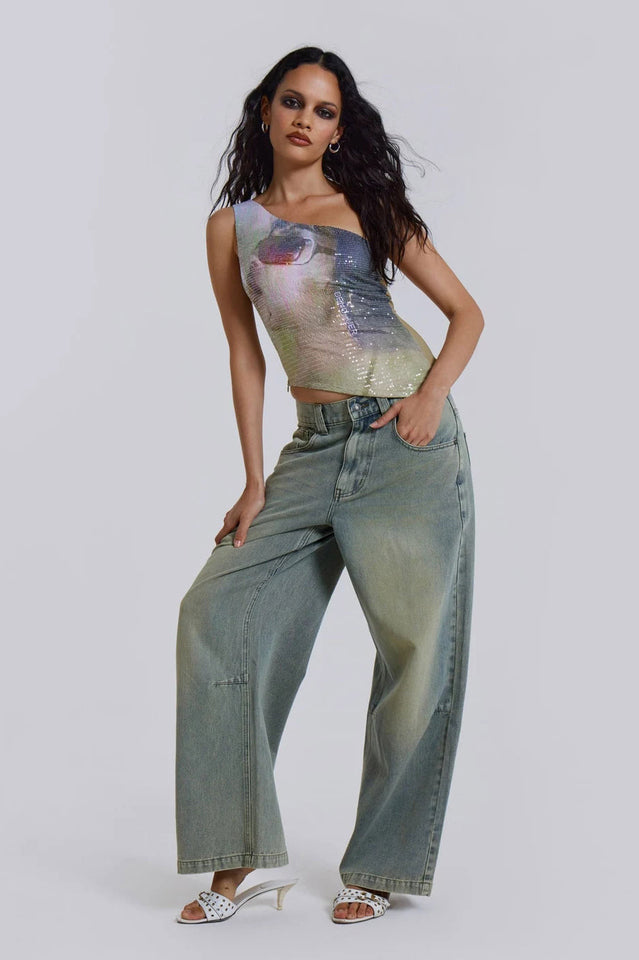 Printed Sequin Asymmetric Top