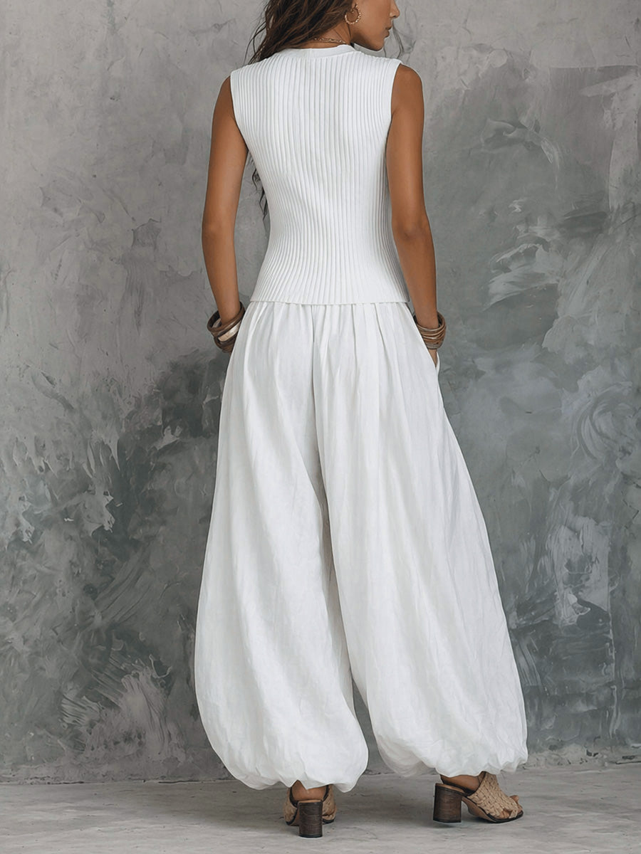 Loose Sleeveless Buttoned Ribbed Knit Solid Color V-Neck Vest Top