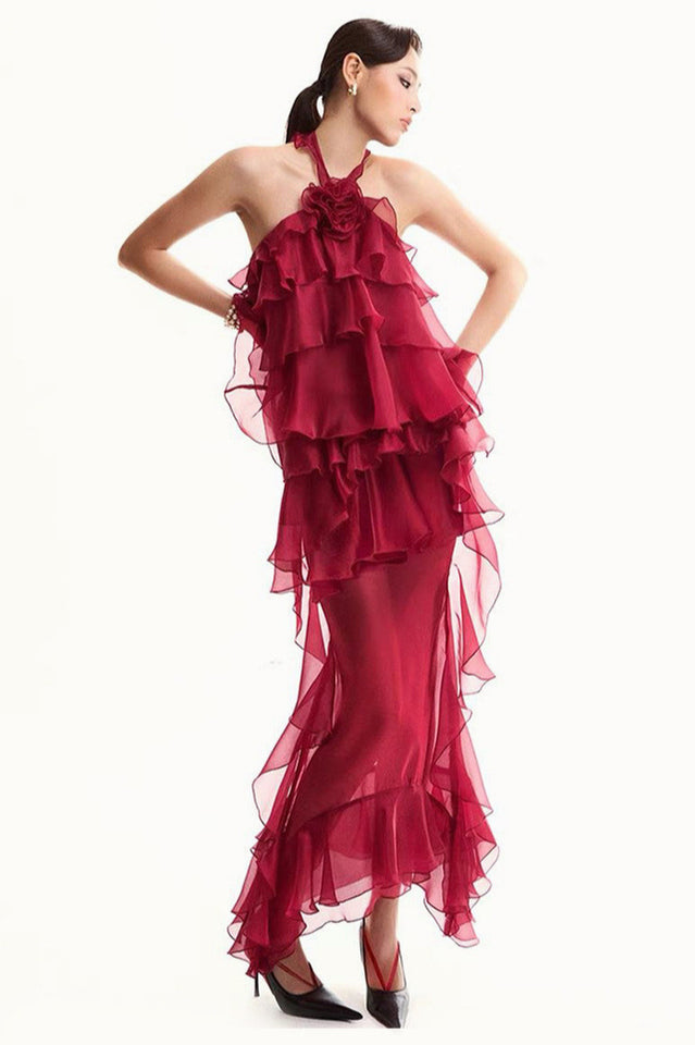 Bedelia Floral Halter Chiffon Ruffle Midi Dress
