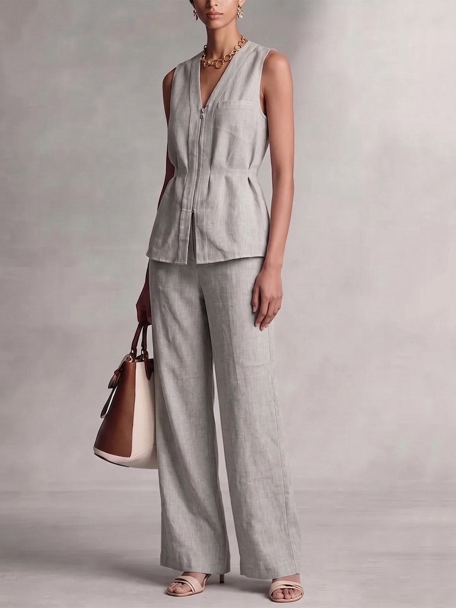 Sleeveless Pleated Solid Color Zipper V-Neck Blouses&Shirts Tops
