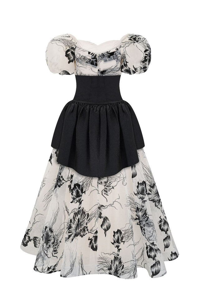 Puff Sleeve Organza Belted Maxi Dress