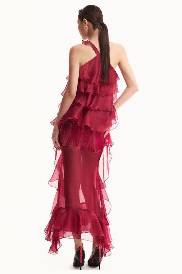 Bedelia Floral Halter Chiffon Ruffle Midi Dress