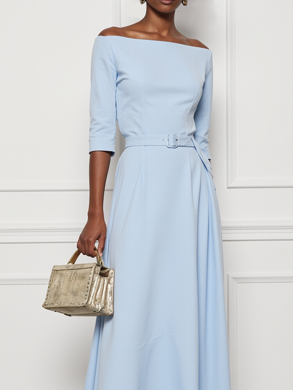 A-Line Half Sleeves Belted Solid Color Off-The-Shoulder Maxi Dresses