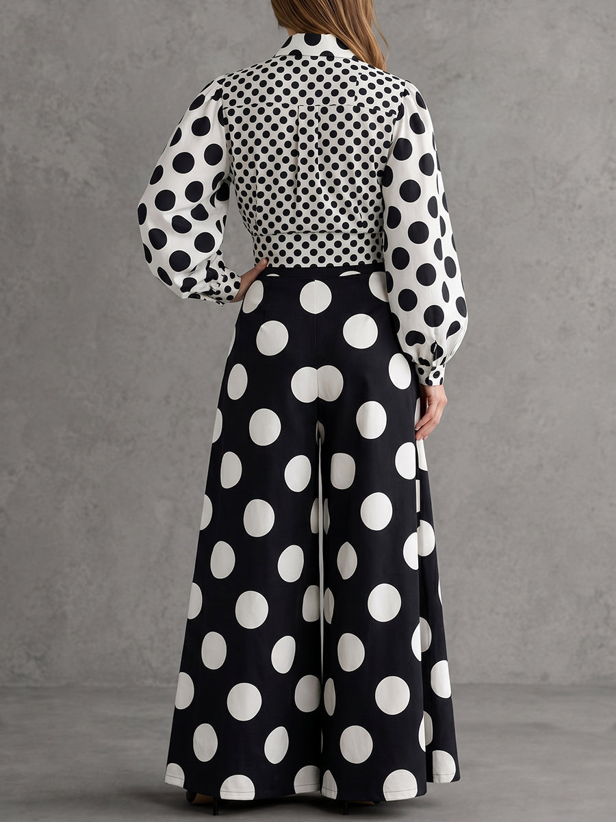 High Waisted Loose Contrast Color Pleated Pockets Polka Dot Split-Joint Pants Trousers
