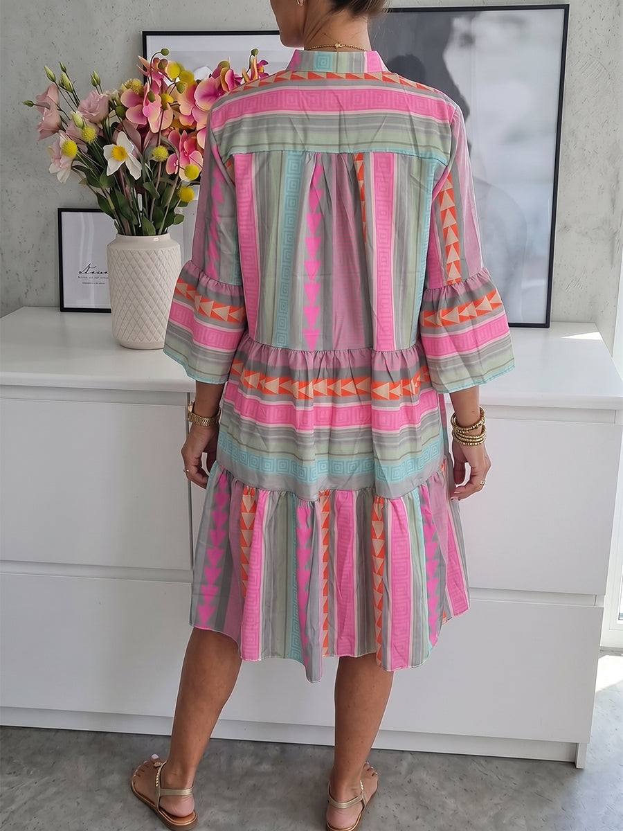 A-Line Loose Contrast Color Printed Split-Joint V-Neck Mini Dresses