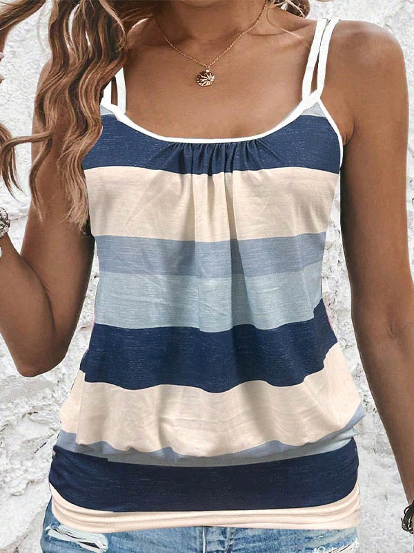 Loose Sleeveless Contrast Color Pleated Spaghetti-Neck Vest Top