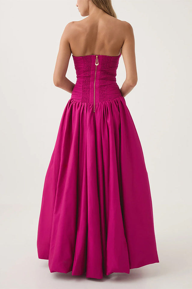 Strapless Ruched Puff Maxi Dress
