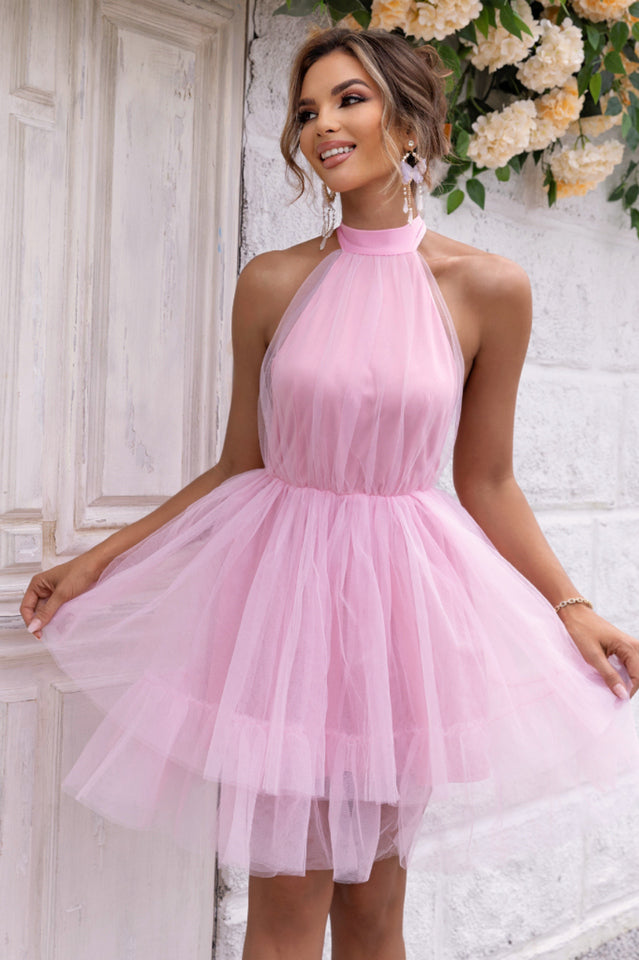 Halter Neck Backless Mesh Dress Blush