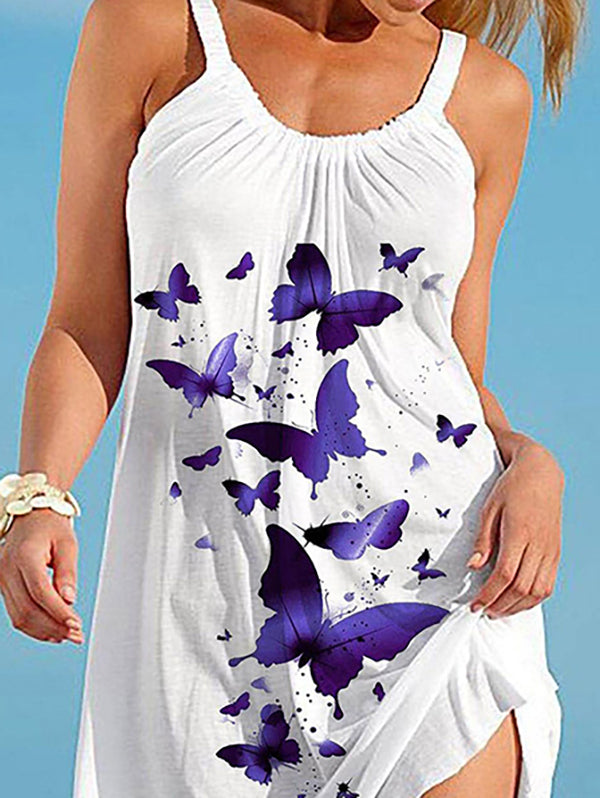 A-Linie Lockeres Minikleid mit Schmetterlingsdruck und plissiertem Spaghetti-Ausschnitt