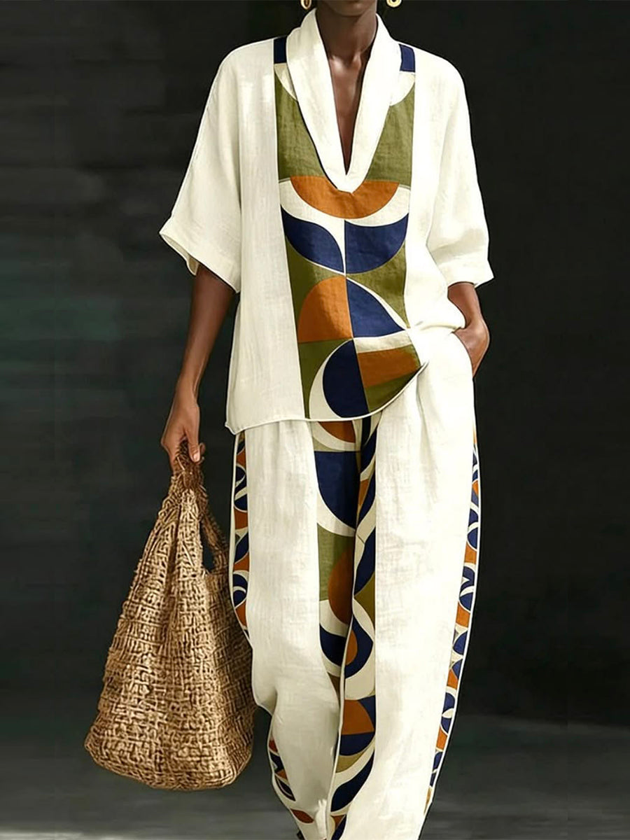 Split-Joint Printed Pockets Wide Leg Loose Trousers Pants