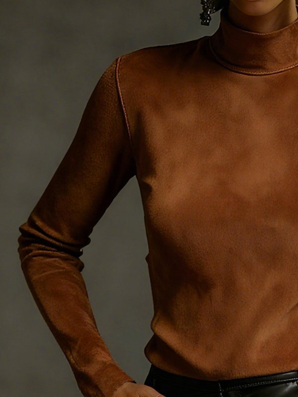 Long Sleeves Solid Color Split-Joint Mock Neck T-Shirts Tops