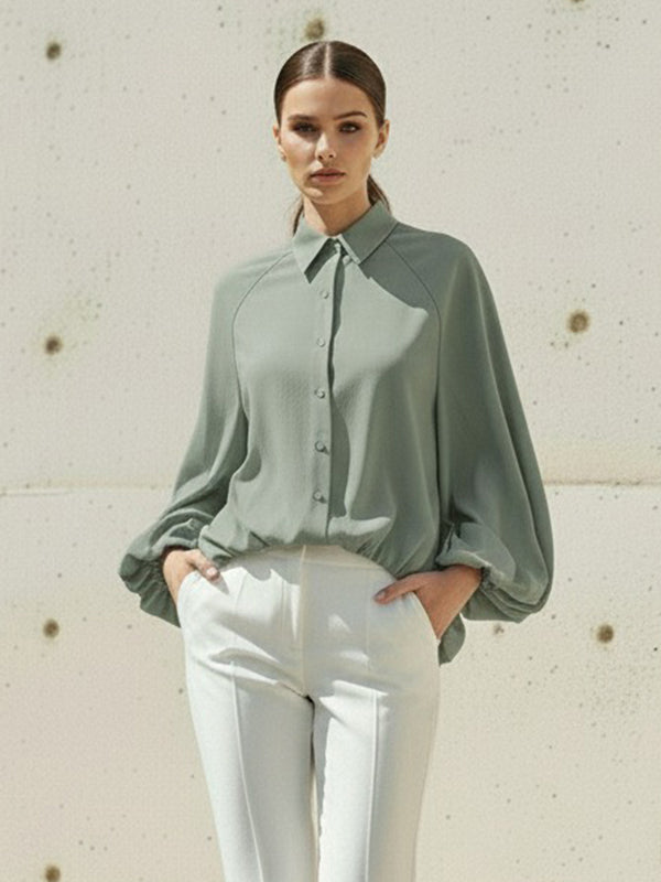 High-Low Puff Sleeves Buttoned Solid Color Split-Joint Lapel Blouses