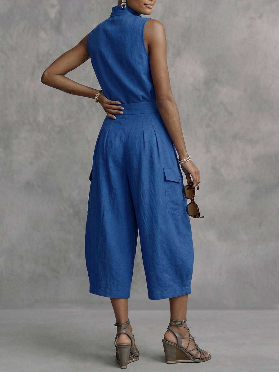 High Waisted Wide Leg Pleated Pockets Solid Color Ninth Pants Trousers