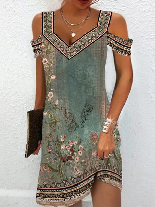 A-Linien-Minikleid mit hoher Taille und Blumendruck, ausgehöhlten, kalten Schultern