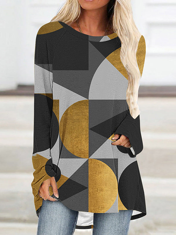 High-Low Long Sleeves Contrast Color Printed Round-Neck T-Shirts Tops BLACK GRAY