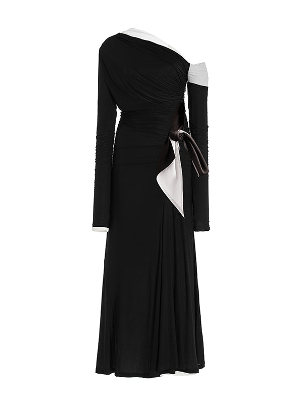 Long Sleeves Asymmetric Contrast Color Pleated Split-Joint One-Shoulder Evening Dresses Maxi Dresses