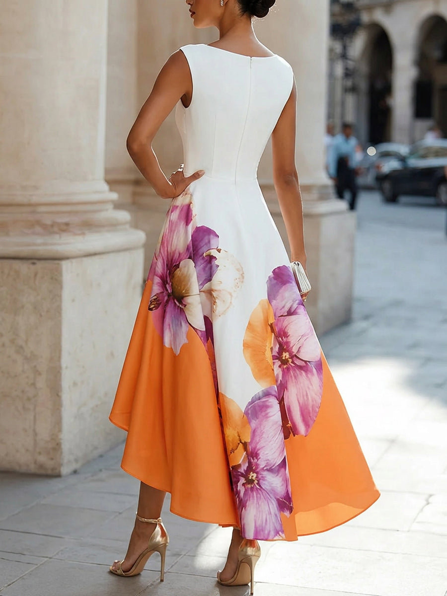A-Line High-Low Contrast Color Flower Print Pleated Zipper Round-Neck Midi Dresses