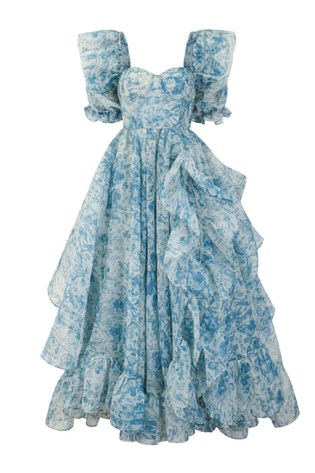 Puff Sleeve Floral Organza Layered Split Dress Blue