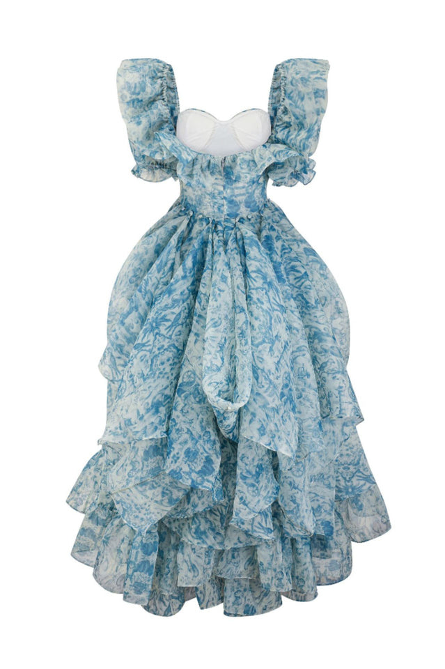 Puff Sleeve Floral Organza Layered Split Dress