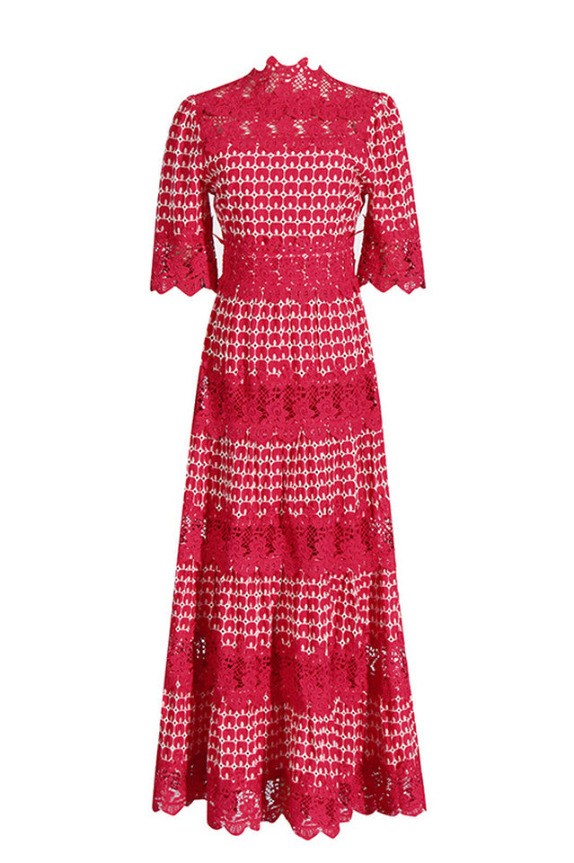 Lace Embroidery Cocktail Midi Dress Red