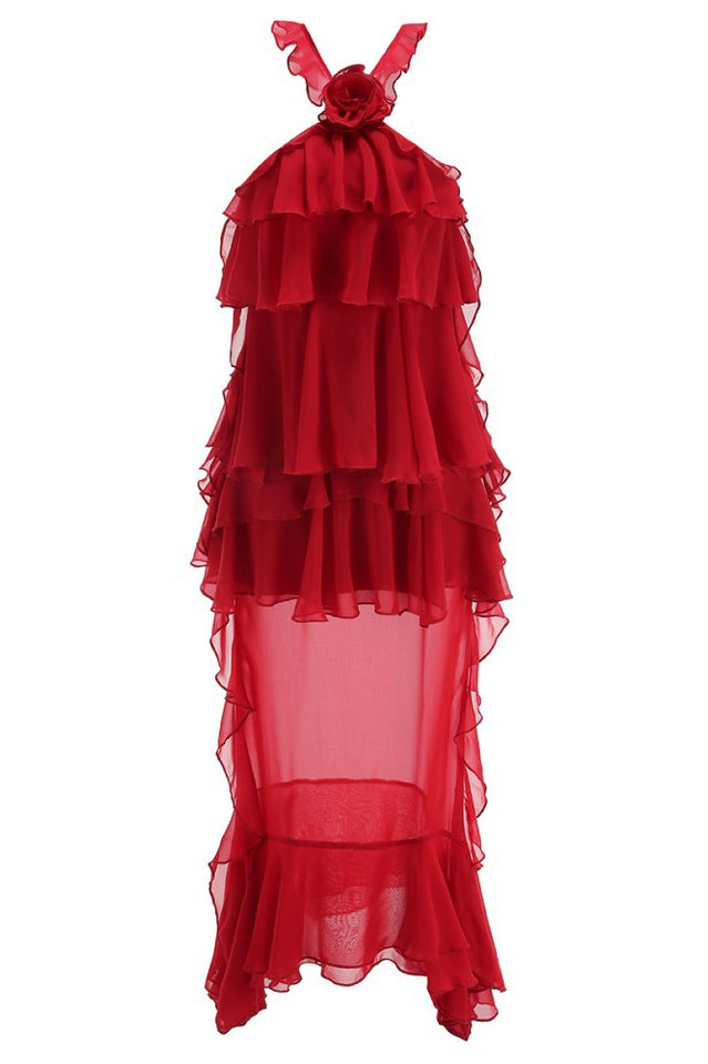 Bedelia Floral Halter Chiffon Ruffle Midi Dress