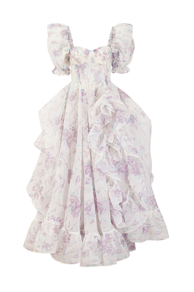 Puff Sleeve Floral Organza Layered Split Dress Lilac