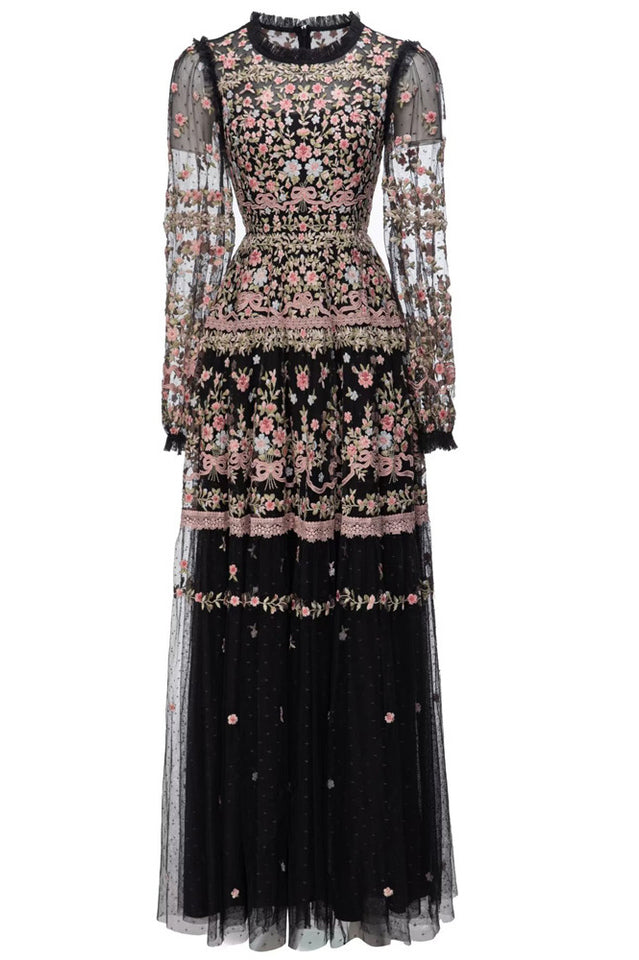 Garden 3/4 Sleeves Embellished Tulle Gown Black
