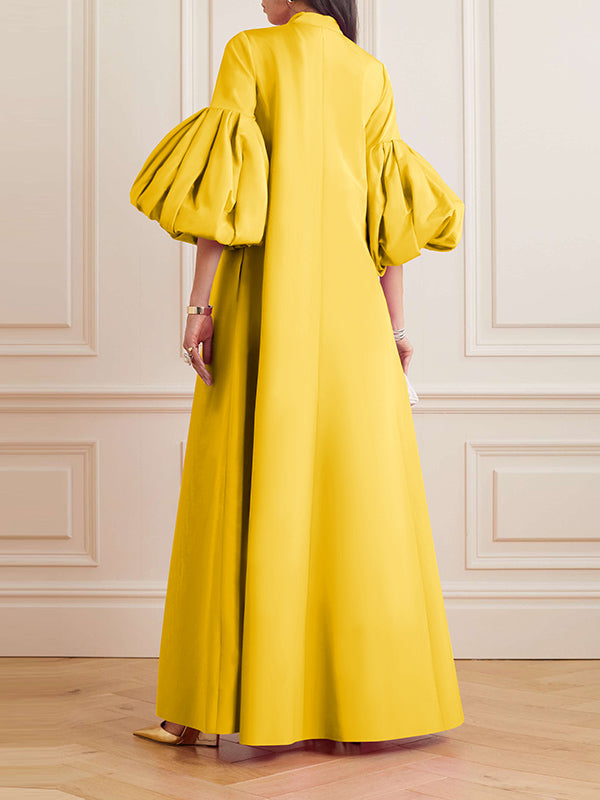 Loose Flower Shape Solid Color Stand Collar Lantern Sleeves Maxi Dresses
