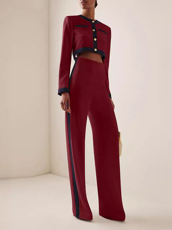 Langarm-Blusen und -Hemden mit Knöpfen, geteiltem Bund und Rundhalsausschnitt, Oberteile + hoch taillierte Hose, zweiteiliges Set