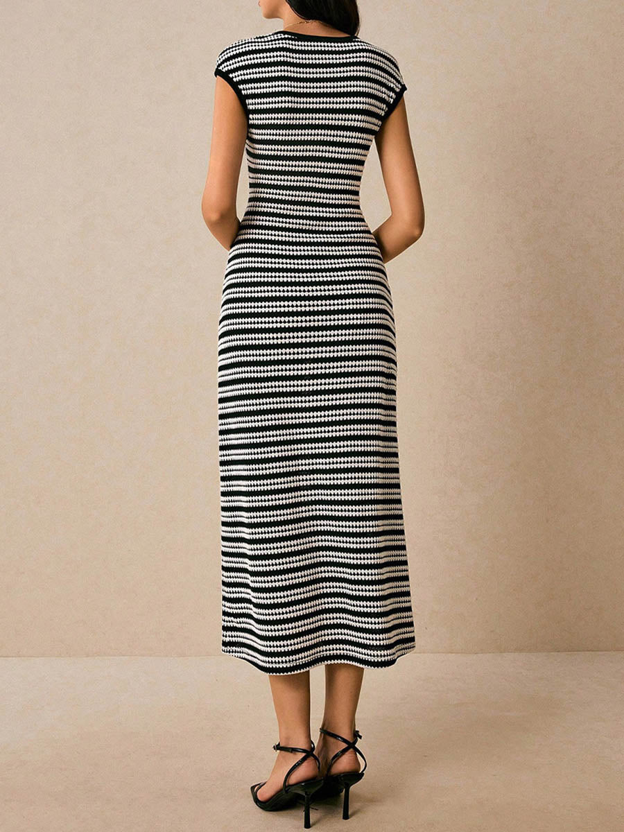 Sleeveless Contrast Color Split-Joint Striped Round-Neck Midi Dresses