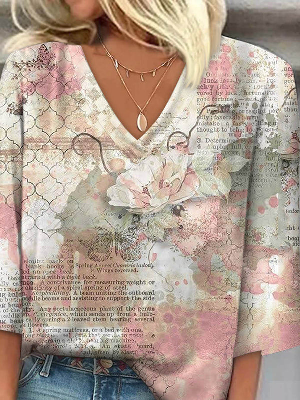 Lockere T-Shirts in Übergröße mit Blumendruck und Buchstabendruck und V-Ausschnitt