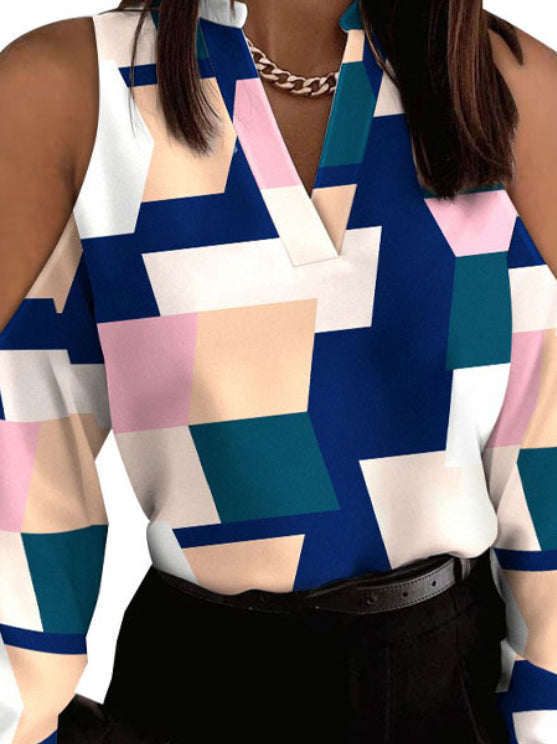 Original Creation Langarm Lose Kontrastfarbe Kariert Hohl V-Ausschnitt Blusen & Hemden Tops