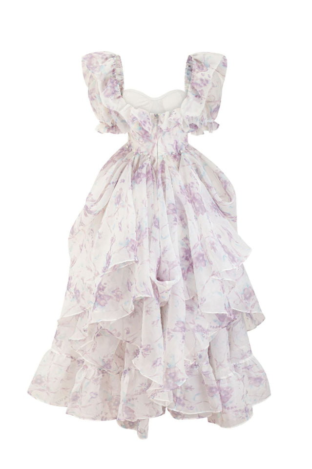 Puff Sleeve Floral Organza Layered Split Dress