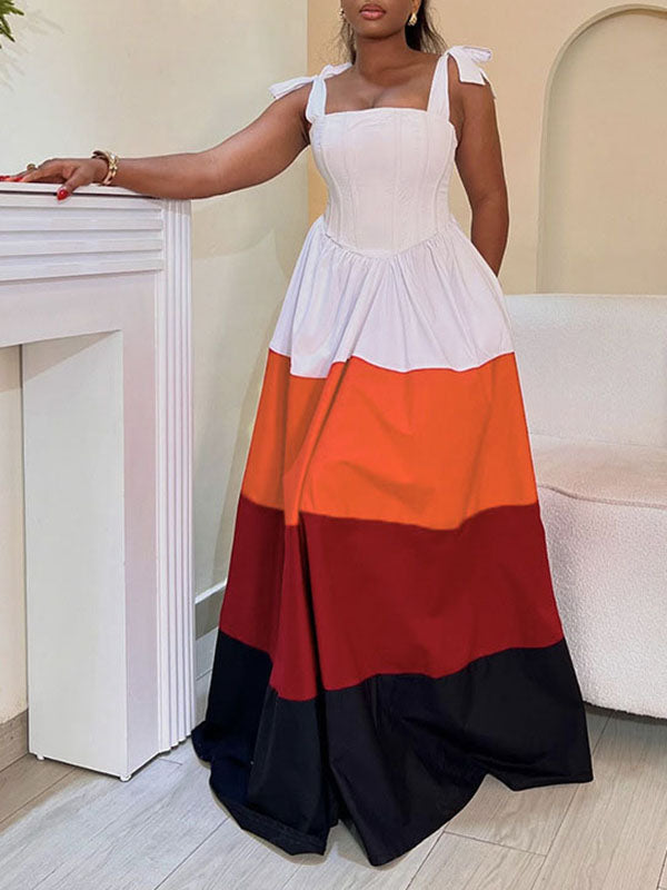 Robe longue trapèze taille haute à plis contrastés, poches, fermeture éclair nouée, col spaghetti