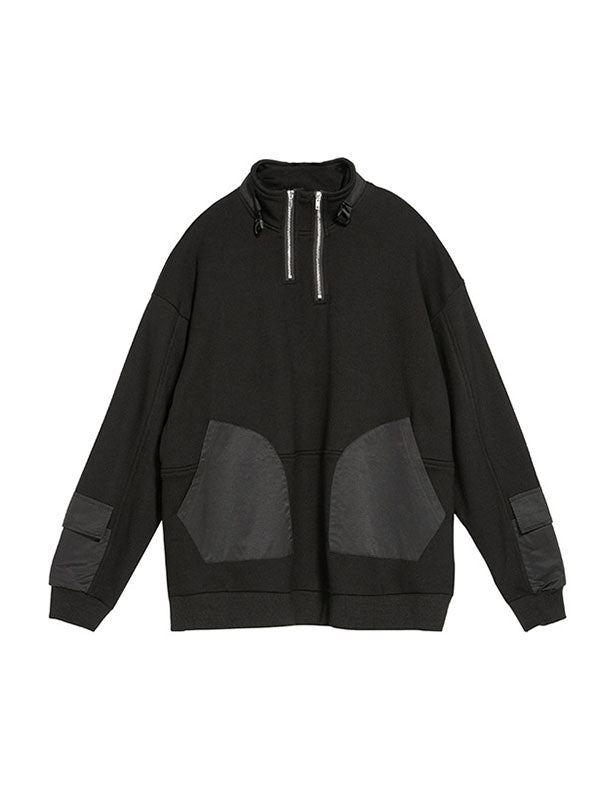 Casual Long Sleeves Loose Solid Color Zipper High-Neck Sweatshirt Tops