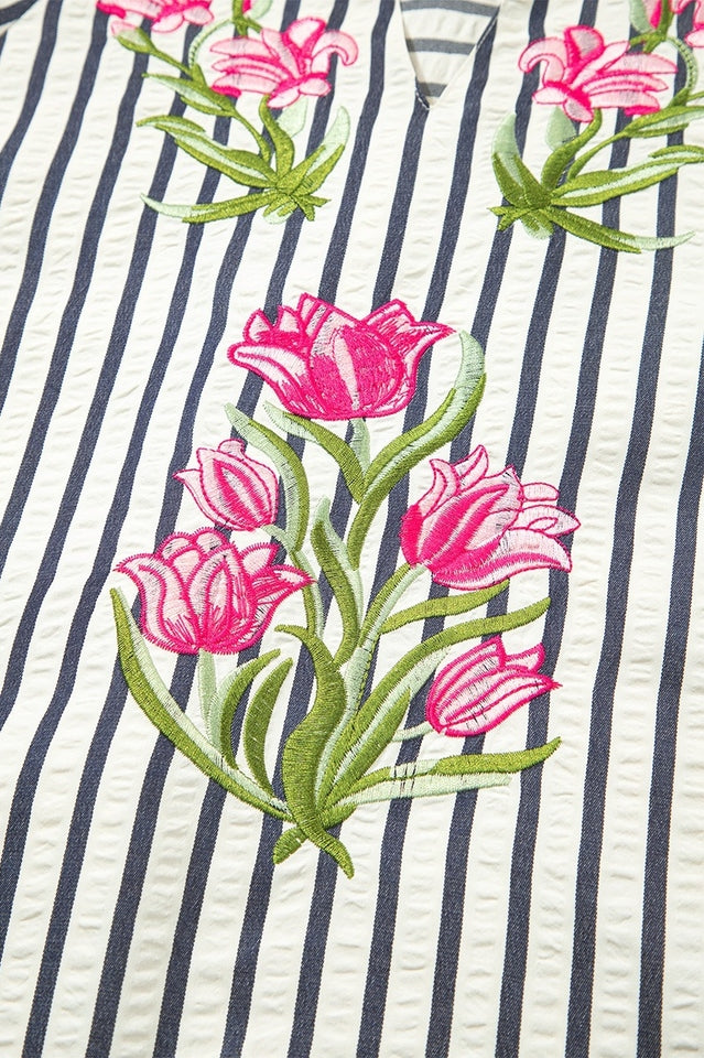 Stripe Floral Embroidered Blouse
