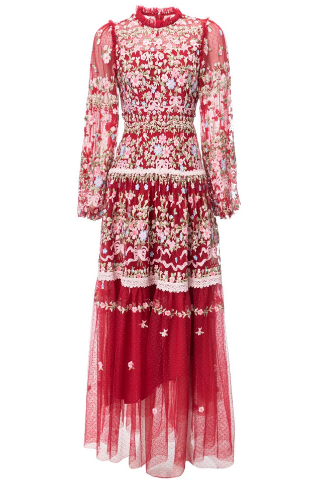 Garden 3/4 Sleeves Embellished Tulle Gown Red